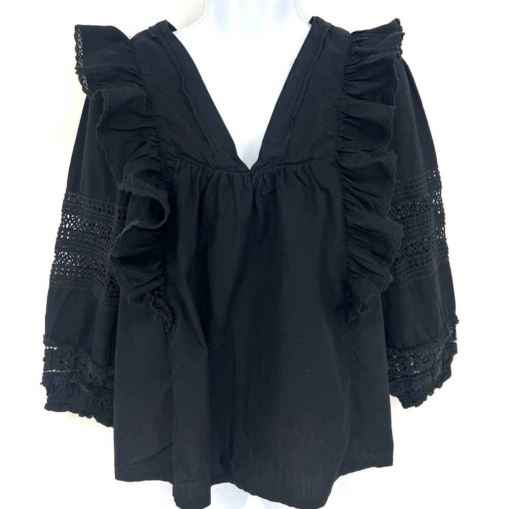 Anthropologie Black Double V Neck Ruffle Eyelet Peasant Boho Top Size XS